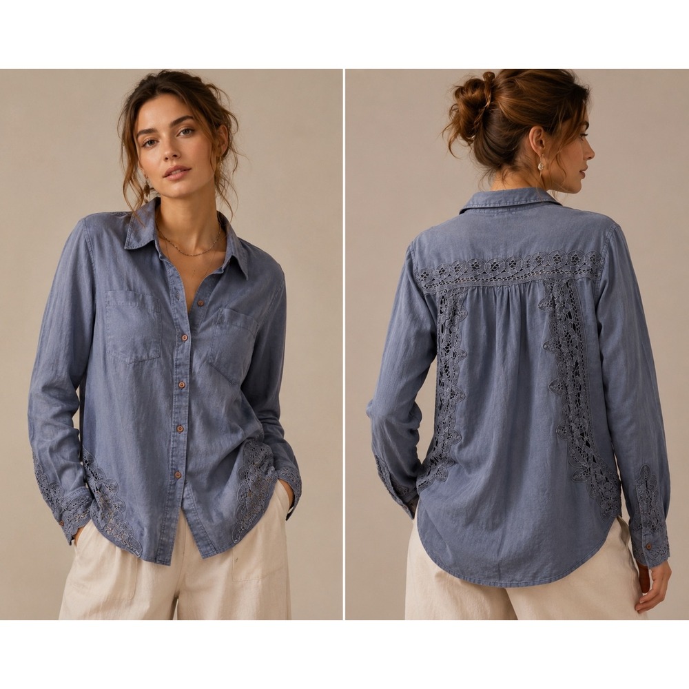 Holding Horses Anthropologie Size 4 Linen Cotton Crochet‎ Lace Boho Shirt